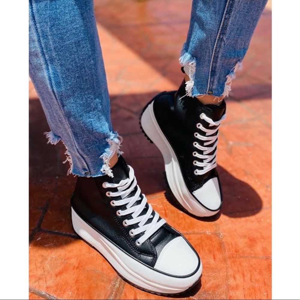 Black High Top Lace Up Platform Sneaker - Picture 2 of 11
